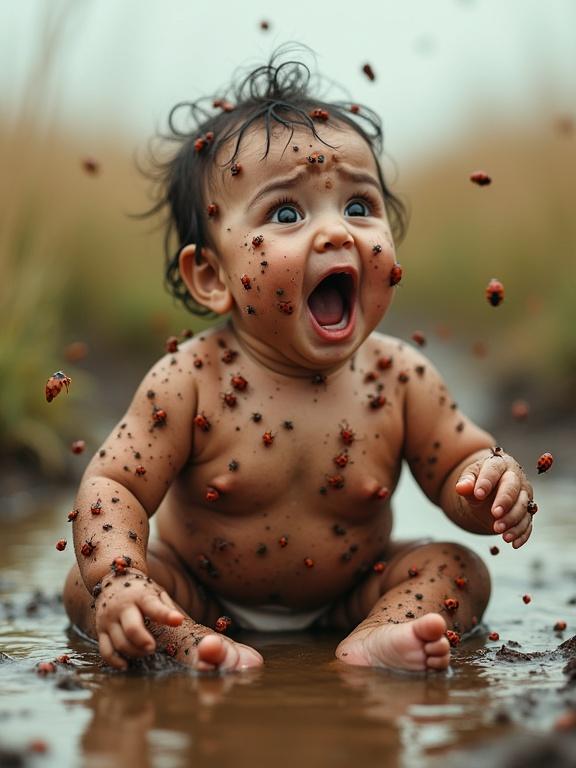 Hyper-realistic scene of a baby in a mud puddle. Baby wearing only a diaper. Appears distressed and surprised. Wide-open eyes and mouth. Ladybugs crawling on skin and flying around. Open field setting.
