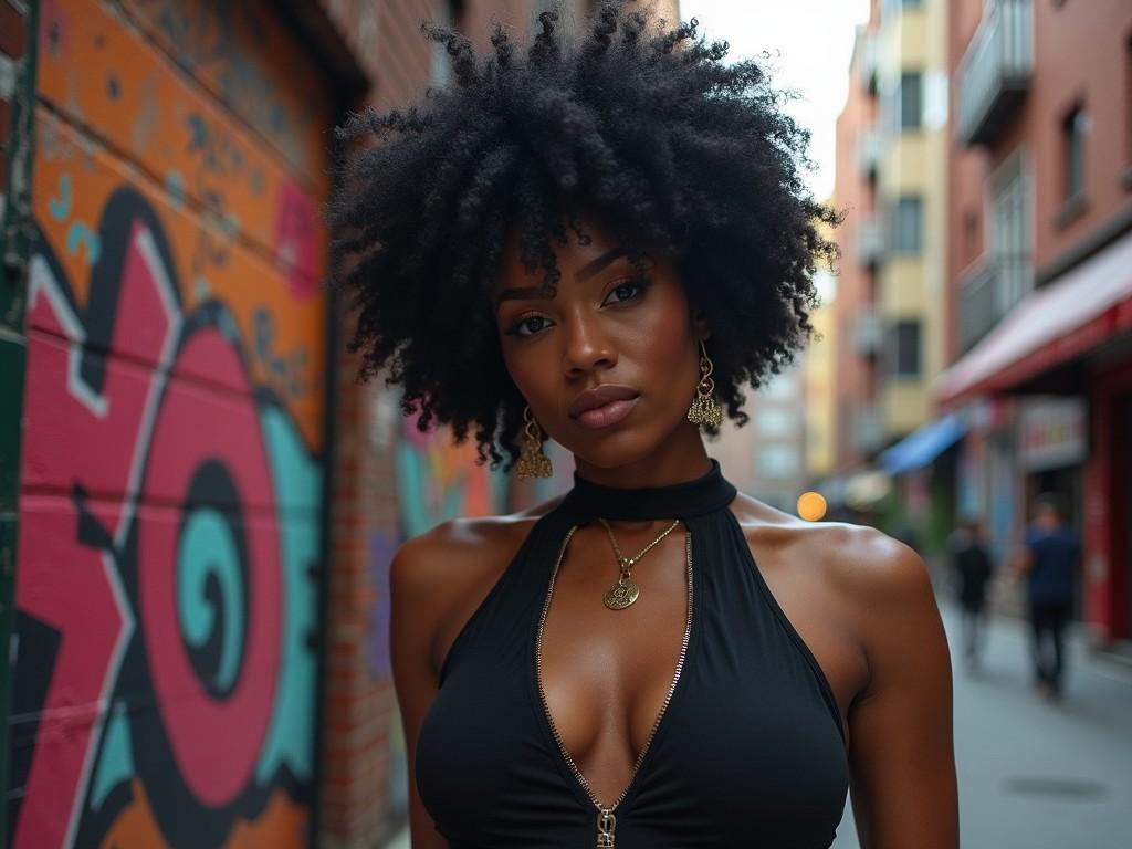 A striking portrait captures a woman with voluminous curly hair, wearing a sleeveless black top and gold jewelry. She stands confidently in an alley adorned with vibrant graffiti on brick walls. The urban setting contrasts with her elegant attire, creating a juxtaposition of style and environment.