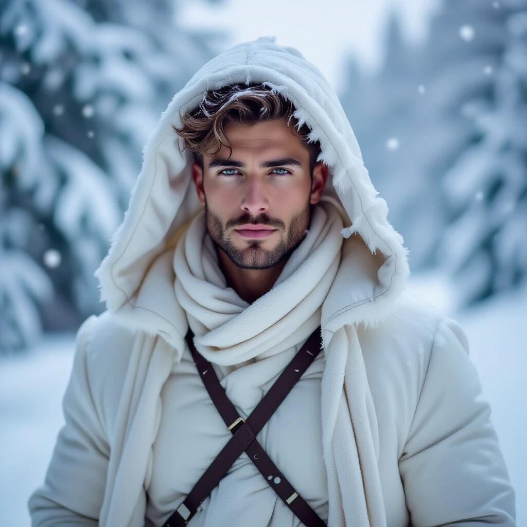 A dreamy winter scene with falling snowflakes. A man in a white robe with fur stands in the snow. His hair is tied back. He has a determined gaze. The color tones are mainly cool with white and light blue. The style combines reality and fantasy.