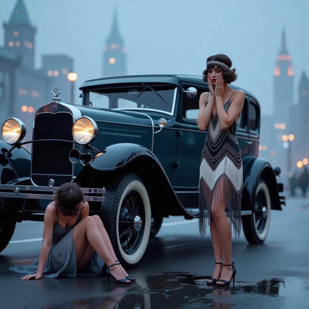 1928 roadside scene featuring a woman in flapper dress alongside vintage car. One woman crouched beneath the car's chassis with only dress hem shown. Second woman expresses despair by holding her face. Car is tilted on a jack with visible oil dripping. Background shows Art Deco lights in a foggy city.
