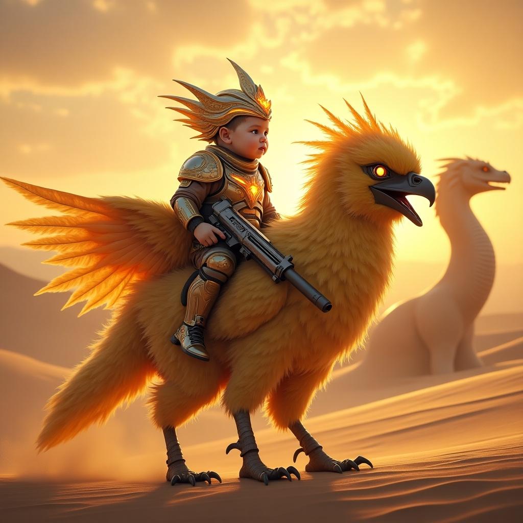 This digital artwork showcases a heroic baby in a futuristic military uniform riding on a fluffy garuda chick. Set in a mystical desert at sunset, the baby wears a glowing crown and holds a high-tech weapon. The garuda chick features radiant golden feathers and a proud expression, radiating readiness. In the background, a colossal serpent rises from the dunes, adding drama to the scene. The composition captures a cinematic feel with vivid colors and intricate details, emphasizing the adventurous spirit of the baby and its guardian. Overall, the image evokes courage, leadership, and a magical atmosphere.