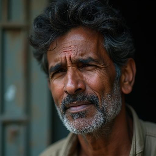 Image shows an Indian mid-age man about to cry. He expresses deep sadness and regret. The man reflects on a big loss he is suffering. His emotion is profound as he struggles with his feelings. The context evokes sympathy and understanding for his situation.
