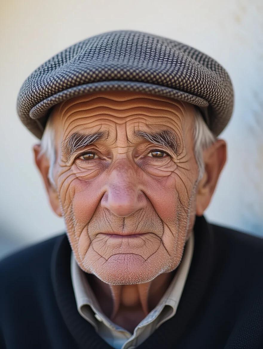 Candid portrait of elderly man. Ultra photorealistic with 35mm DSLR. Natural lighting used.