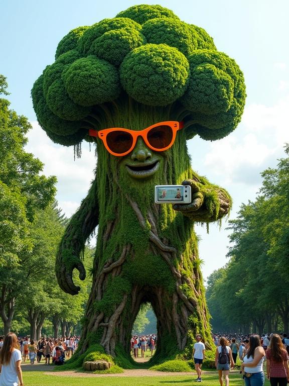 Giant tree-like figure with a human face and body. Covered in lush green moss and vines. Resembles nature and modern culture fusion. Wears oversized orange sunglasses. Takes a selfie with a smartphone. Leafy hair resembles broccoli crown. Scene takes place in a vibrant park with people walking and relaxing.