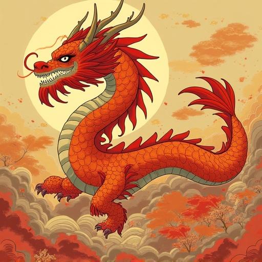 A dragon inspired by Amaterasu. Colors are tan, orange-red, orange-yellow, and brown-red. The setting features a full moon. The dragon is depicted in a dynamic pose, surrounded by clouds.
