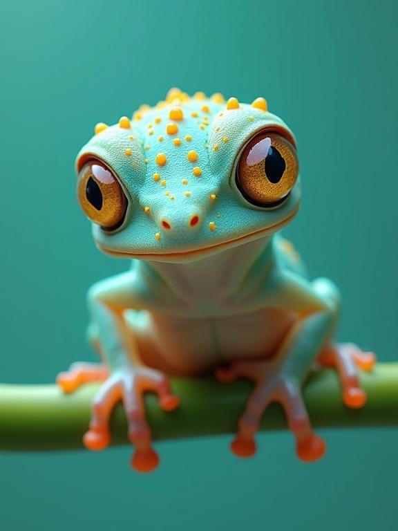 Imaginary creature resembling a frog with a bulbous head bright colors and large expressive eyes textured skin delicate limbs gripping a green stem against a teal background