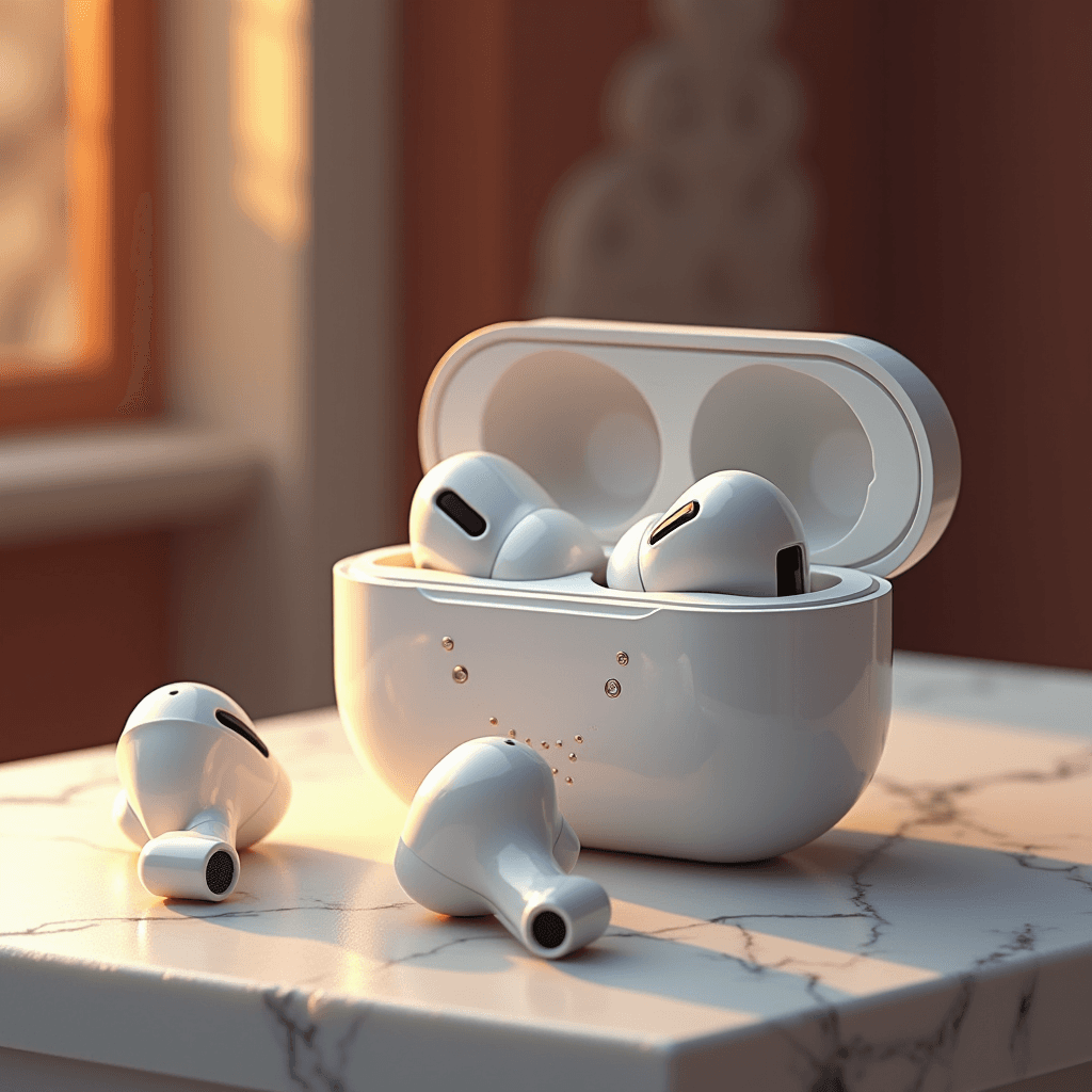 A set of sleek white wireless earbuds with their case resting on a marble surface, bathed in warm light.