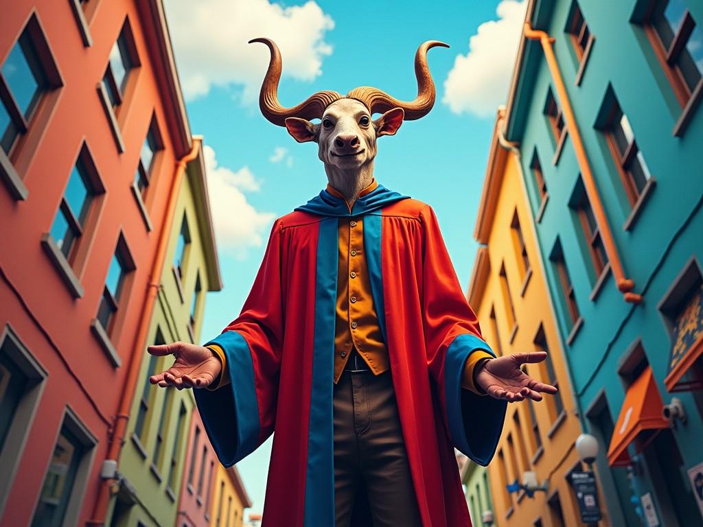 A surreal creature with the body of a human and the head of a bull wearing a colorful robe, stands in a vibrant street with colorful buildings on both sides. The sky is clear with few clouds.