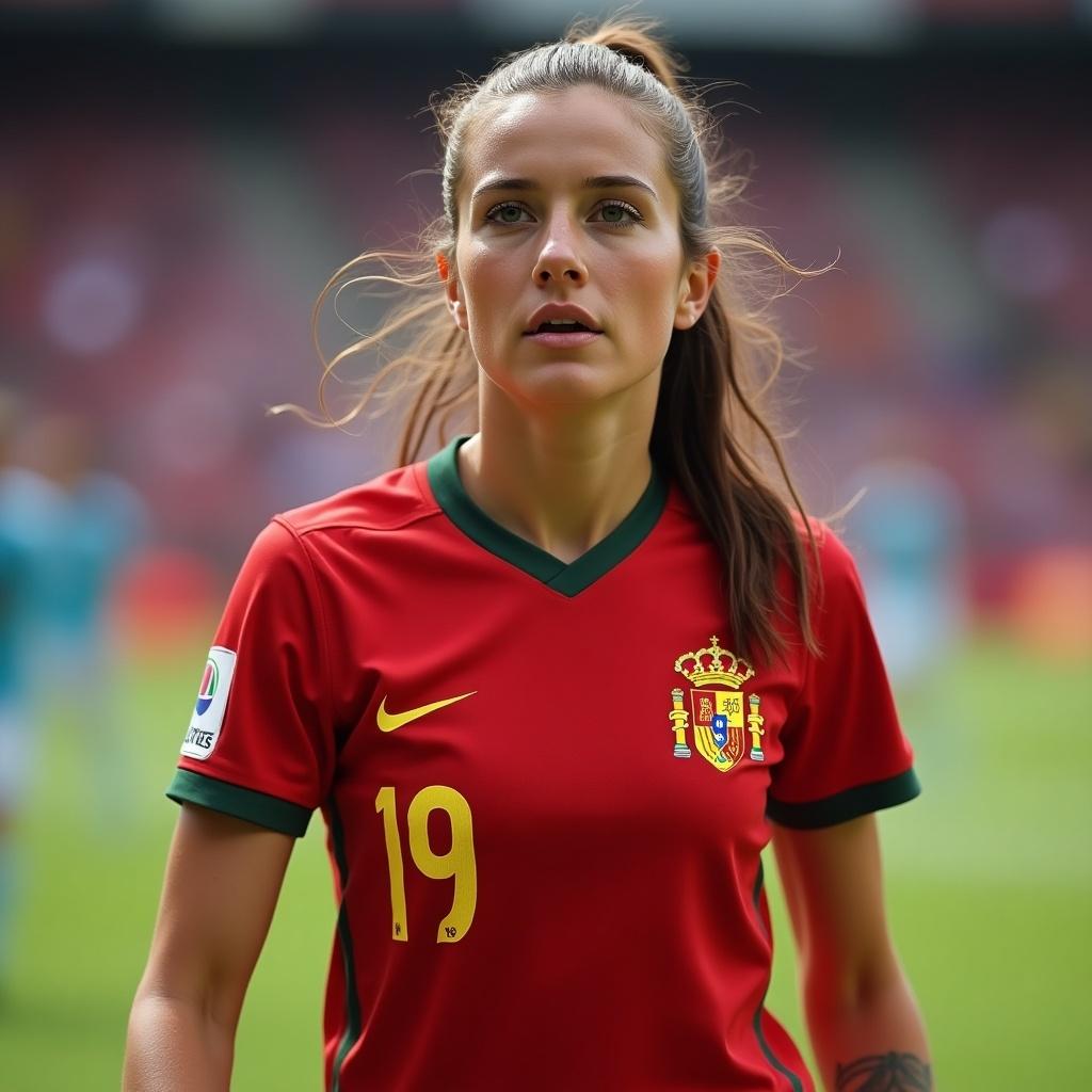 A Spanish female football player wearing a red jersey with the number 19. The scene captures her on a football field during a game. The background features blurred teammates and opponents. She embodies athleticism and confidence.