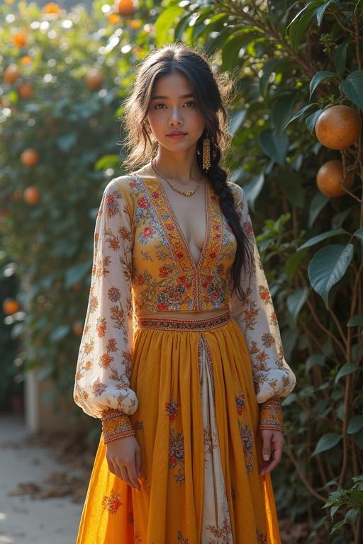 Woman in a traditional dress standing in an orange grove. The dress features floral patterns and ornate details. Soft natural light enhances the scene. Background filled with orange trees. Elegant and serene atmosphere.