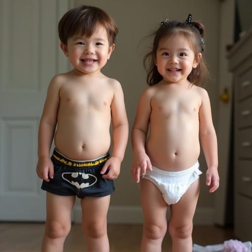 Two young children are standing side by side. A slim boy around three years old is wearing oversized Batman underwear. A four-year-old girl is in a diaper. They are positioned against a simple indoor background.