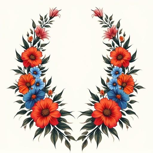 Floral tattoo design featuring symmetrical arrangement of flowers. Two curved floral lines flow from top of hips to center of lower abdomen. Predominant colors: vivid red, orange, blue; light green foliage. Ornamental or illustrative style, no roses. Rich, expressive design intended for lower belly tattoo.