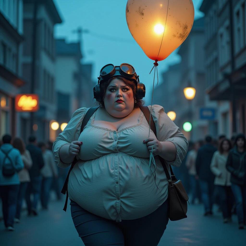 Close-up photograph with cinematic effect. A pale woman in dirty clothes walks on a decaying street. She is large and carries a helium balloon. The scene is illuminated by bluish light from street lamps. The crowd surrounds her closely.