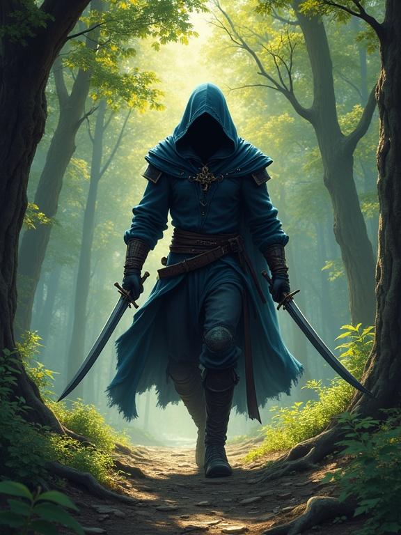 Character illustration of a medieval assassin in a forest. The figure is powerful and mysterious. Two short curved swords held ready for action. The forest background is lush and sunlit. Shadows cast by the leaves create an enchanting scene.