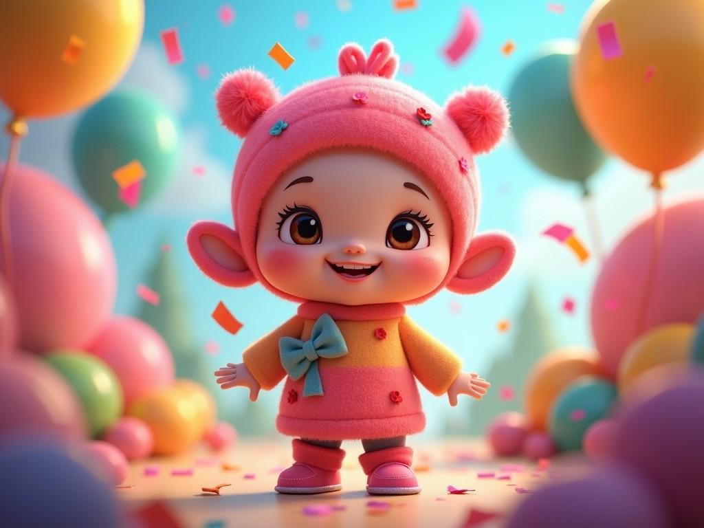 This delightful digital artwork illustrates a cute, cartoon-like child in a colorful, festive setting. The child, dressed in a cozy pink and yellow outfit with a matching hat, stands amidst floating balloons and confetti. The cheerful expression and vibrant background create an atmosphere of pure joy and celebration.