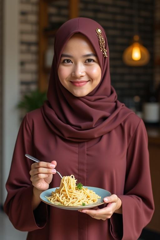 A woman in a maroon hijab holding a plate of noodles. She is smiling and looks happy. The background suggests a cozy kitchen atmosphere. Her outfit is modest and elegant.