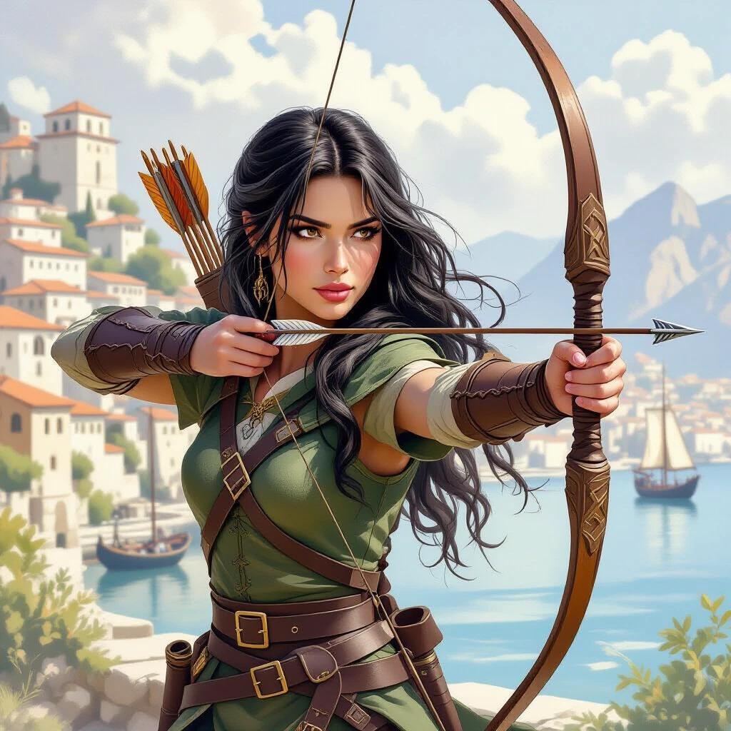 A young female ranger draws her bow in a stunning landscape. She has long black hair. The scene is vibrant and academic with a medieval Greek port in the background. Art style is oil painting with watercolor effects. Emphasis on fantasy Dungeons & Dragons theme.