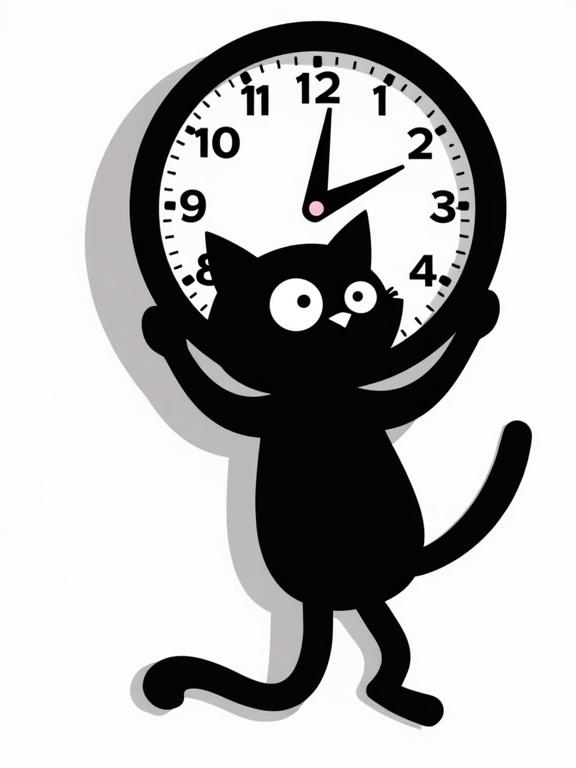 Black silhouette cartoon cat holding round wall clock. White clock face is visible. Large white eyes on cat. Transparent background. Graphic black-and-white style.