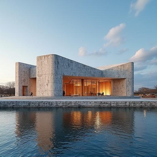 Exterior view of a contemporary opera house. Unique architectural design. Located by the water. Features warm interior lighting. Serene atmosphere with reflections on the surface.
