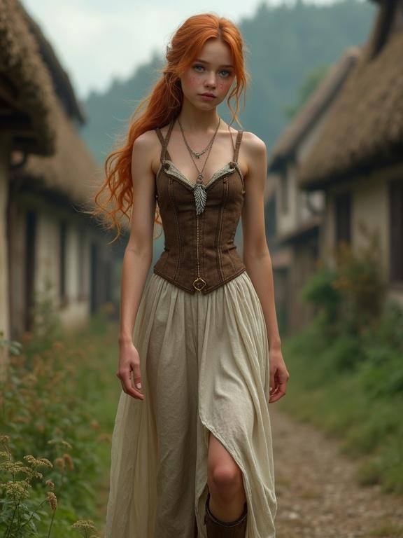Photorealistic image of a teenage girl walking through a medieval village. The girl has long auburn hair styled in a ponytail and pale skin with freckles. She wears a sleeveless corset dress with a split skirt over traveling boots and tall socks. A silver bird's wing pendant hangs around her neck. The village has thatched-roof houses and a serene pathway.