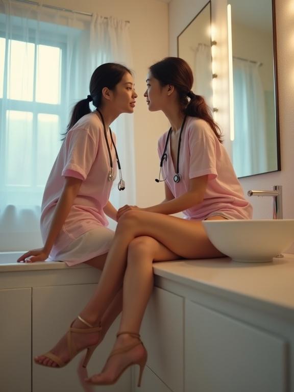 Ultra low angle shot of a petite female in a sheer light pink t-shirt revealing a light cream bra. She sits on a bathroom counter, legs crossed, wearing heels. Hair tied back neatly, stethoscope around her neck. Engaging with a female patient who is also on the counter. Softly lit bathroom creates an inviting atmosphere. Full bodies visible, gentle lighting enhances the mood.