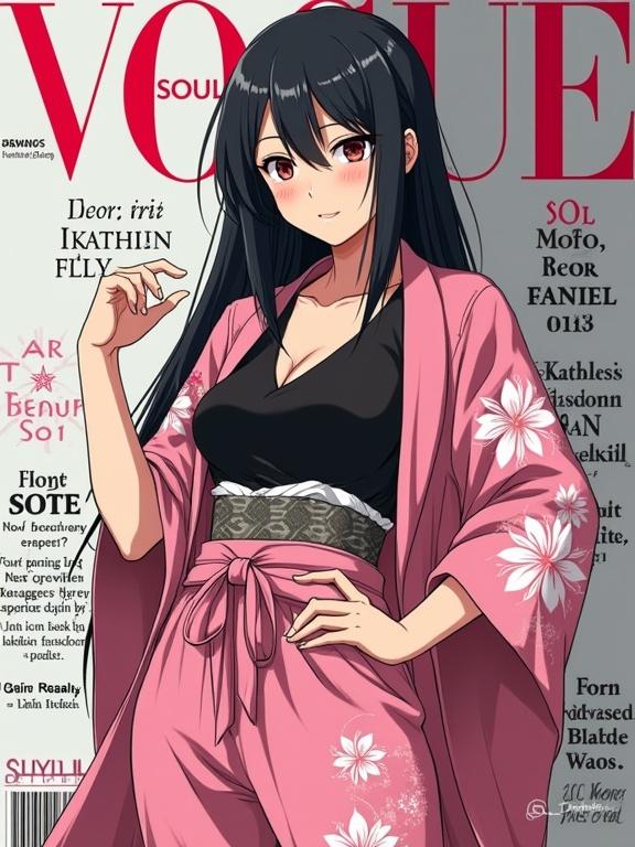 Female character inspired by Shunsui Kyōraku from Bleach. Wearing a pink flower kimono exposed at the front over a black undershirt. Long black hair is straight and loose. Arms positioned with one on the hips and the other on a sheathed katana. Serious expression. Fashion magazine background resembling VOGUE with no overlapping text. Cinematic natural lighting enhances the scene.
