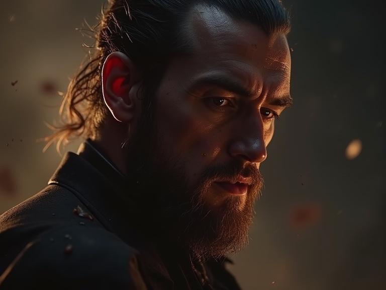 Create a cinematic thumbnail featuring a close-up of a man with a beard showing intense emotion. Use dramatic lighting, high contrast, and vibrant colors. Include realistic effects like sweat and dust particles. The image should evoked intensity and curiosity, with a cinematic texture.