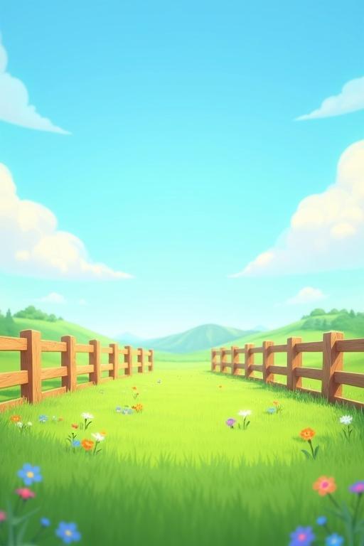 Portrait-oriented 3D animated background of a wide green meadow enclosed by a simple wooden fence. Grass is lush with colorful wildflowers. In the distance are small hills with a blue sky and soft clouds. Natural daylight creates a cheerful mood. Visual style is cartoon-like and colorful suited for children's animation.