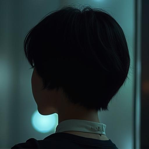 Photograph focusing on the back of a head of an 18-year-old girl with dark short hair. Soft ambient lighting creates a serene atmosphere.
