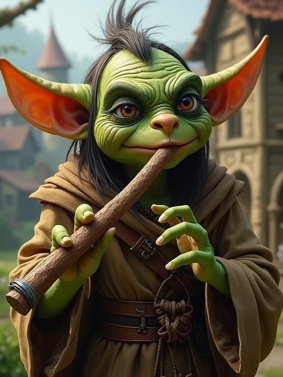 Goblin bard playing wooden flute in a village. Face has black outline contours for eyes and mouth. No shadows. Artistic style is Arcane. Vivid presentation. Avoid skin texture.