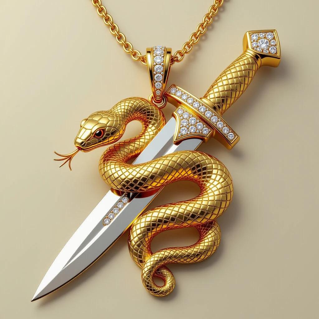 Detailed graphic image of a gold pendant jewelry piece. Snake coils around a dagger blade. Snake head behind the hilt reaching the handle. Gold and diamond accents emphasized. Suitable for jewelry making.