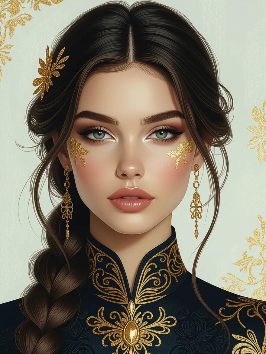 Portrait features a woman wearing black and gold attire. The woman's hair is styled with a braid. The background has intricate gold illustrations. The art resembles a blend of traditional and modern aesthetics.
