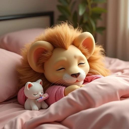 A 3D anthropomorphic lioness sleeps in a modern bed. She wears a silk pink robe. Golden hair flows on the pillow. A small white kitten smiles while trimming the lioness's hair. Indoor lighting creates a warm scene in the living room.