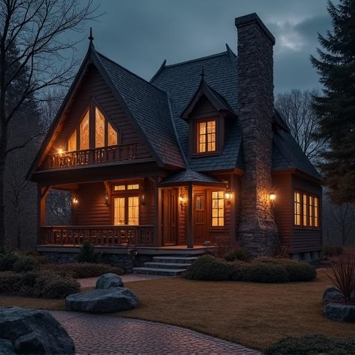 Image of a medieval inn. Evening setting. Warmly lit windows. Surrounded by trees. Cobblestone pathway leading to the entrance. Cozy atmosphere. Detailed architecture with a wooden structure and stone chimney.