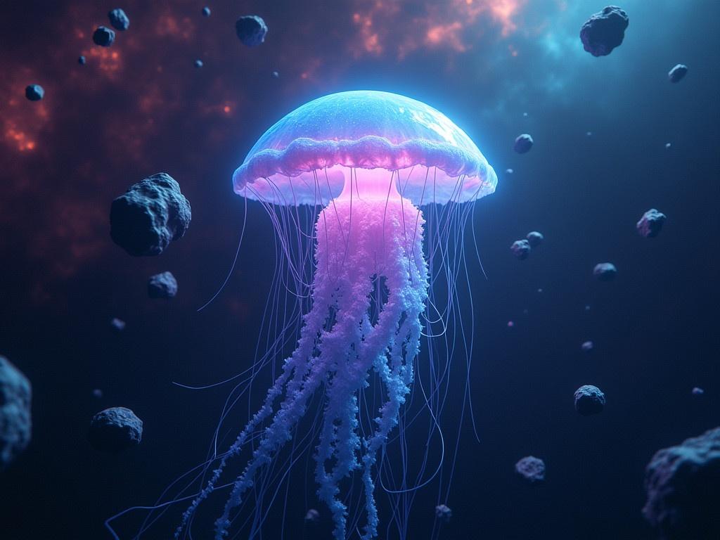 A massive, glowing jellyfish floats gracefully through the vastness of space. Its bell is luminous with shades of blue and purple, radiating an ethereal light. Tentacles trail downwards, shimmering as they catch the starlight. Surrounding the jellyfish are floating asteroids and celestial debris, creating a stark contrast to the vibrant creature. In the background, a colorful nebula sprawls across the cosmos, adding to the otherworldly scene. The jellyfish appears both majestic and surreal, embodying the beauty of the universe.