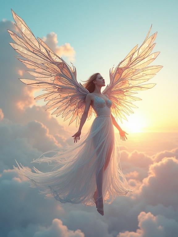 Feminine mech with stained-glass wings hovering in an iridescent sky. Soft glow and mechanical angel appearance. Pastel light with glass shards. Luminous flight captured. Feather-mech hybrid in serene palette. Fusion of elegance and strength in aerial posture. Divine glow with tech-fantasy elements. Silhouette against celestial background and angelic features.