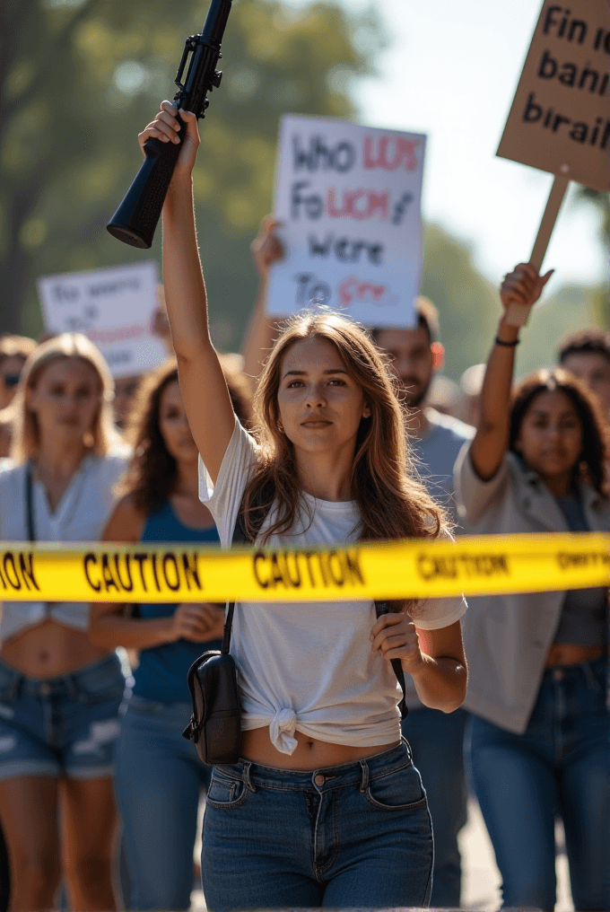 A woman leads a protest holding a microphone, surrounded by people with signs and caution tape.