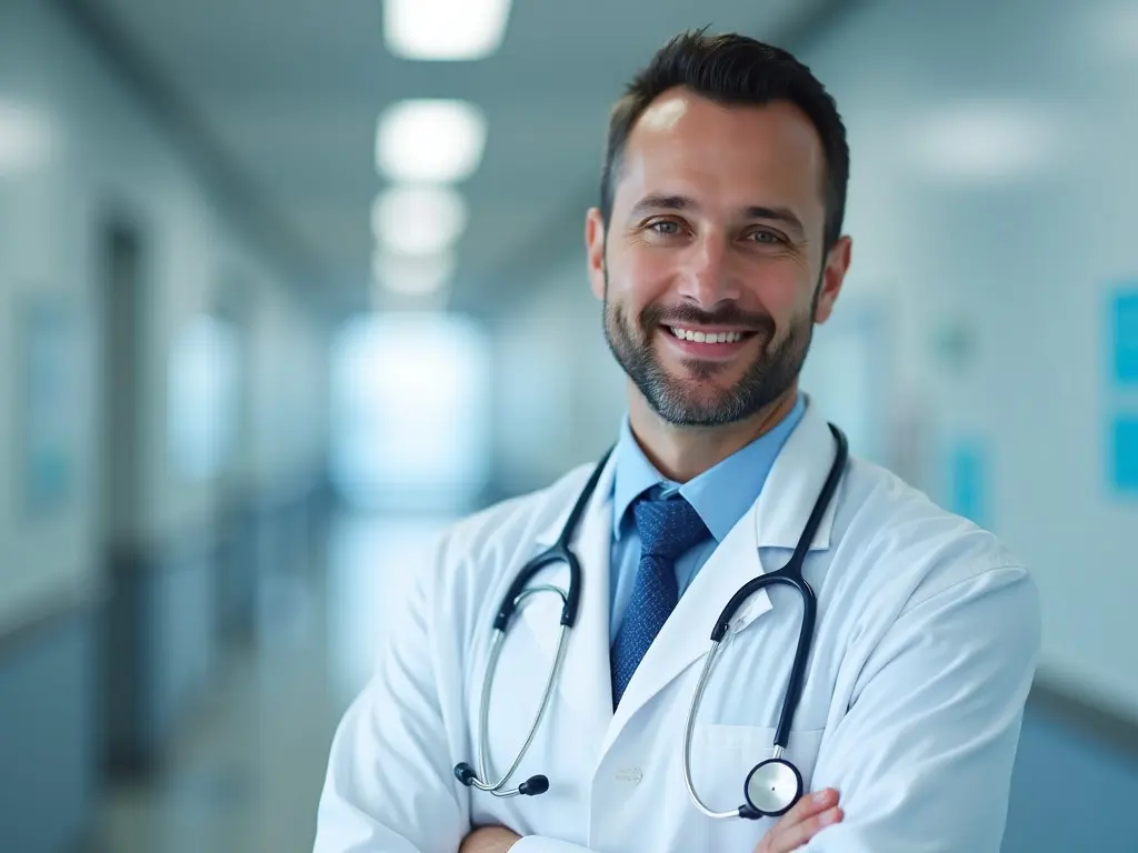 This image represents a global medicine and healthcare concept. It features a doctor, who is portrayed with a stethoscope, standing in a clinic environment. The focus is on the doctor in close-up, emphasizing the professionalism and dedication in the healthcare field. The background suggests a clinical setting, reinforcing the idea of a medical environment. This visual communicates the importance of healthcare professionals in providing medical assistance and care.