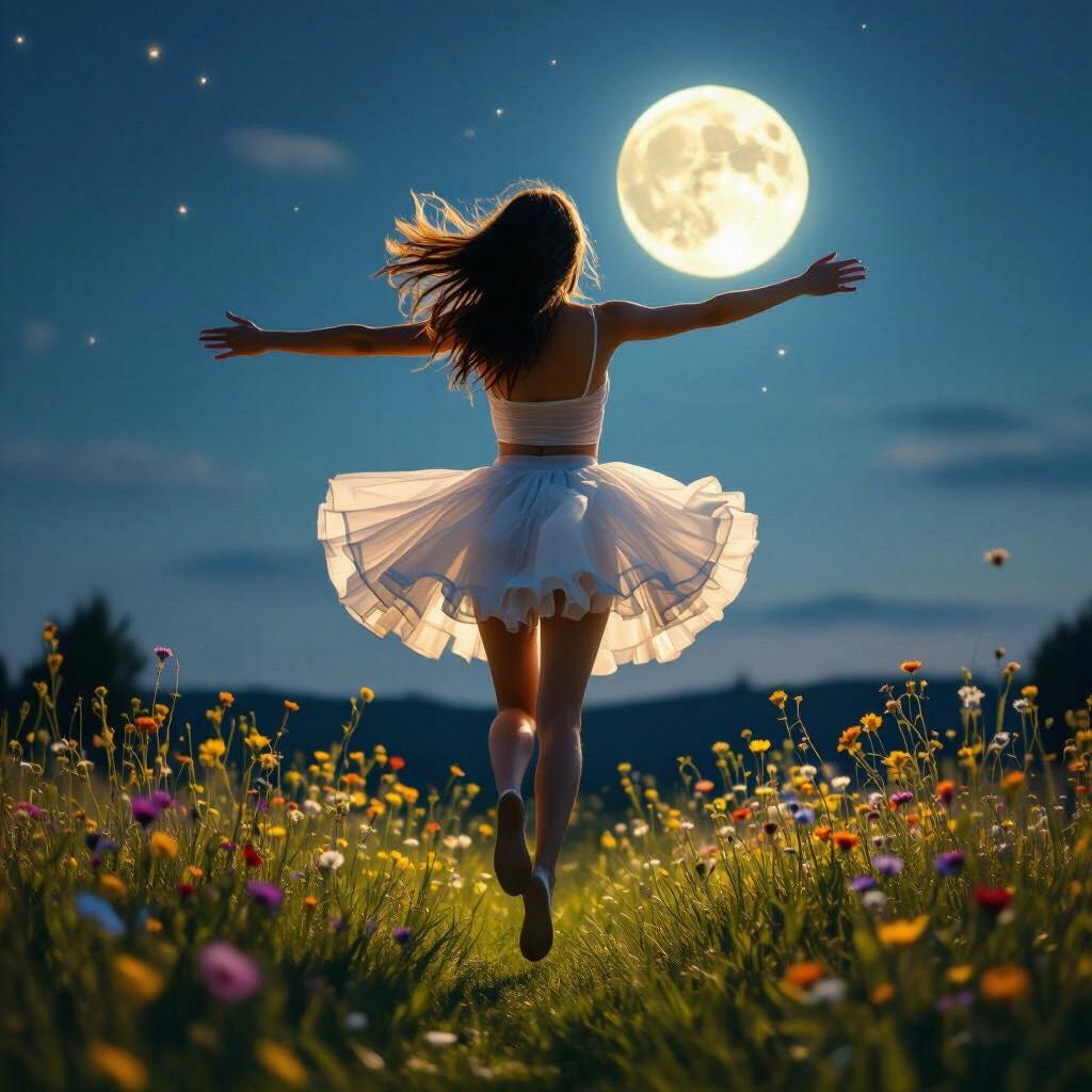 Nighttime scene of young woman viewed from behind. She wears a translucent frilly miniskirt billowing in the wind. Soaring high in the sky towards a bright full moon. Body off the ground with outstretched arms and legs. Luscious grassy field with colorful flowers sprawls in the distance.