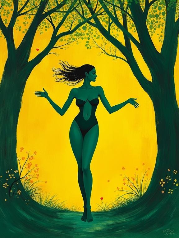 Best-selling poster of a dancing nude figure with green tones surrounded by yellow background. Emphasize fluid dance poses in a grove. Inspired by Matisse's joyful art, aimed for chic and innovative design.