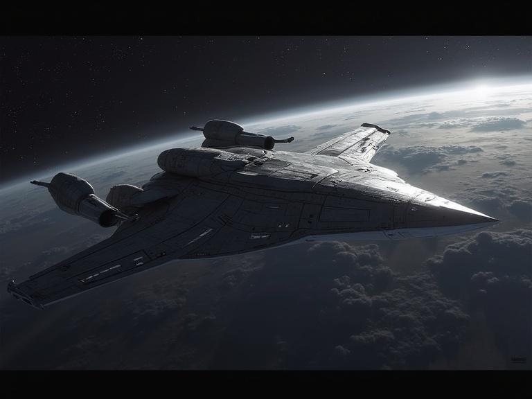 Futuristic starfighter in space. Captivating realism with intricate details. Shadows and textures highlight the spacecraft. Set against Earth in the background. High-resolution 4k digital artwork.