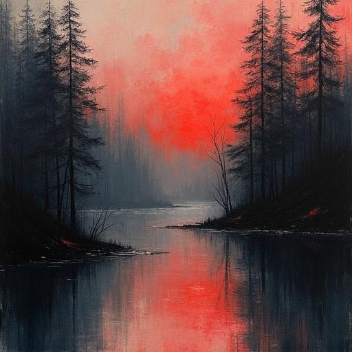 A serene river at night with dark silhouettes of pine trees. The sky is ablaze with cadmium red and fiery hues reminiscent of fireworks. Water reflects the colors of the sky. The landscape evokes a sense of calmness and beauty.