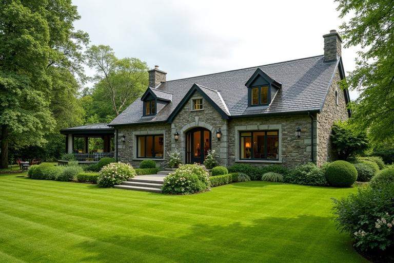 An Irish home with stone facade surrounded by a large green garden. Lush lawn leads to the house with landscaped bushes and trees.