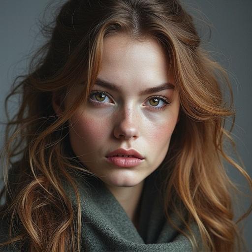 Image of a woman with long flowy hair and a cozy sweater. Background is muted and softly lit. Focus on the texture of hair and fabric.