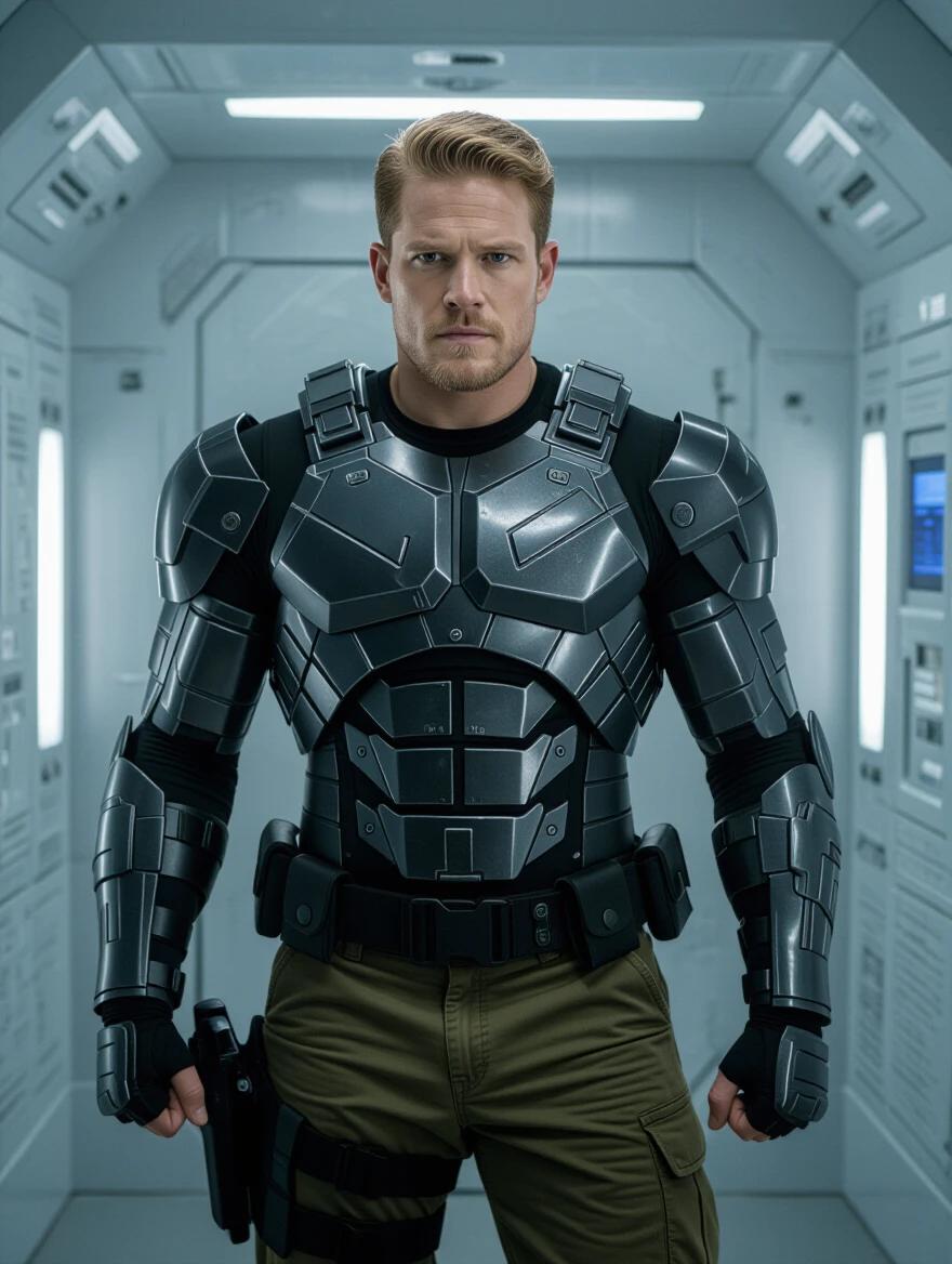 A soldier with a massive muscular build wears futuristic armored body armor. The soldier is inside a high-tech conversion chamber. The setting looks advanced with detailed panels and screens.