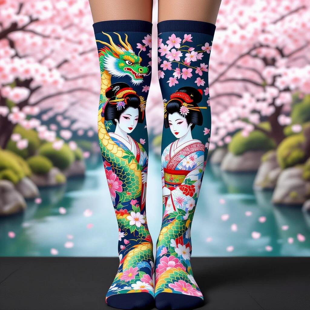 Thigh-high socks feature a vibrant dragon and geisha design. Background includes cherry blossoms and ivy. The colors are deep and bold. The photograph is high definition and professionally taken.