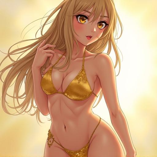 Anime girl in golden bikini. 25 years old. Character has wide hips. Soft warm background.