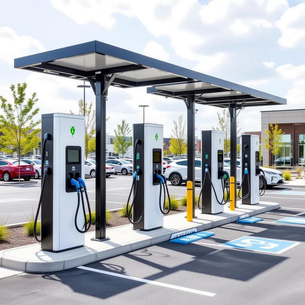 Three double gang electric vehicle chargers designated for six parking bays. Standalone vehicle charging station not associated with other facilities.
