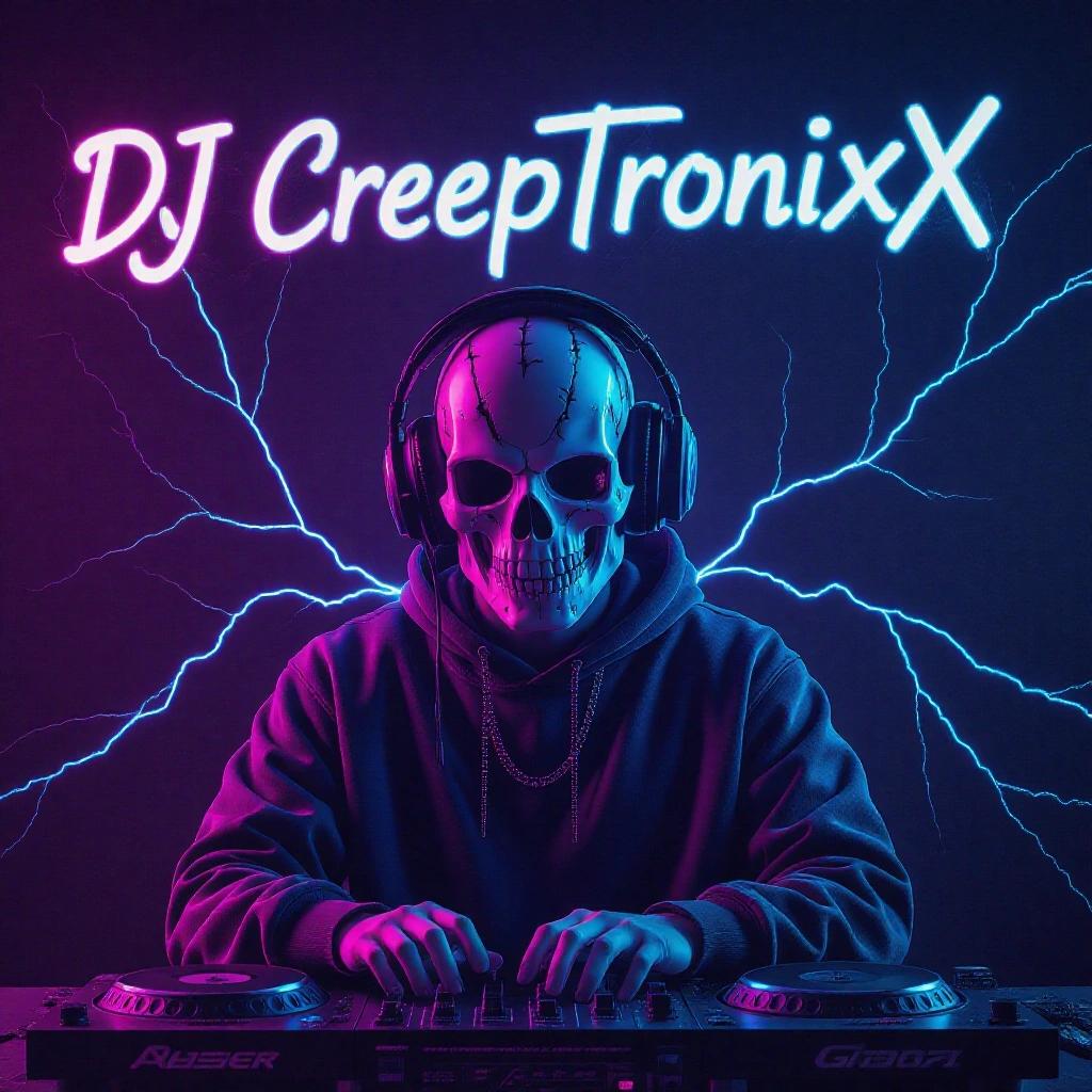 Artistic dark neon tech hip hop album cover with DJ CreeptronixX name in stylish writing. Features a skull with headphones and electric effects.