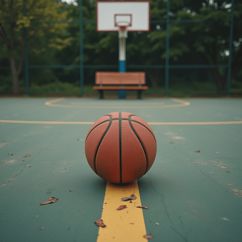 A lonely basketball rests on an empty court under a cloudy sky.